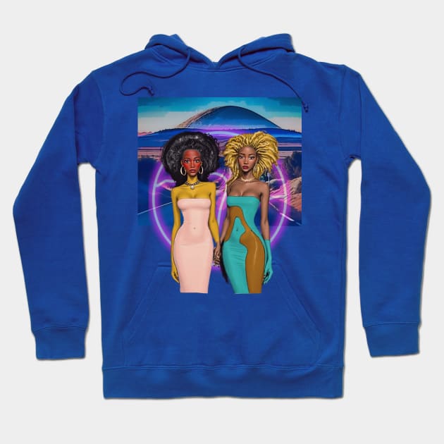Two Afro Fashion Dolls with halo on desert road Hoodie by PersianFMts